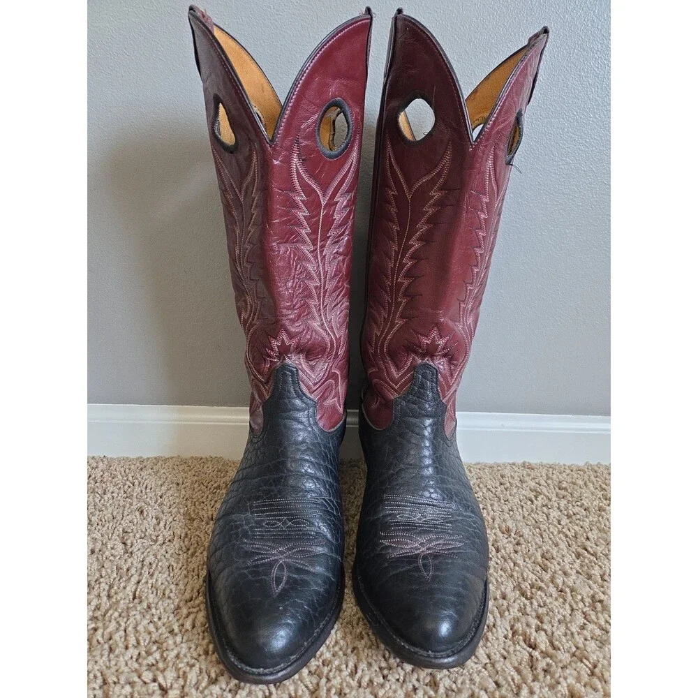 VTG 70/80's Tony Lama Mens Western Boots 10.5 D Made in USA Black Red R66616